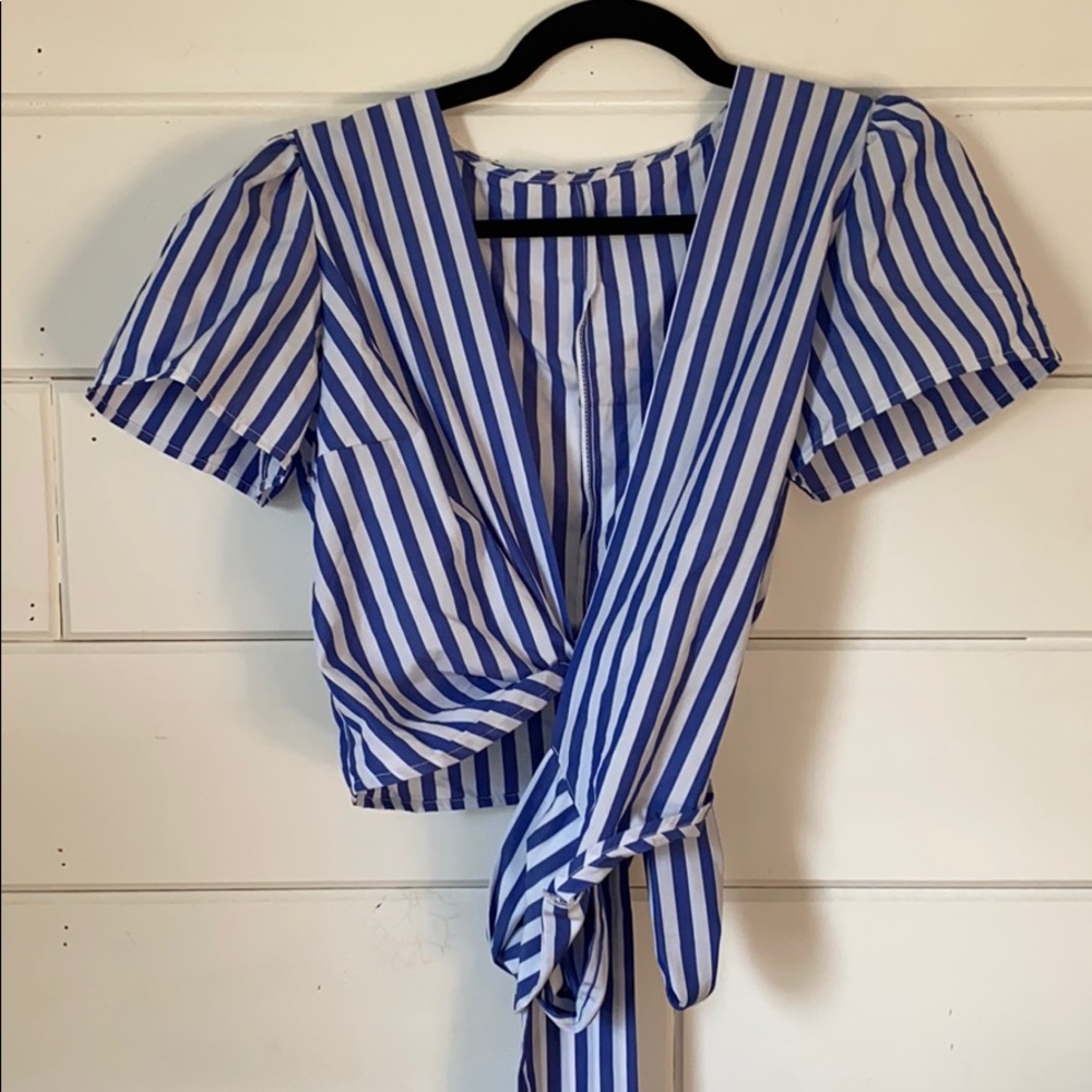 Blue and White Striped Cropped Short Sleeve Wrap